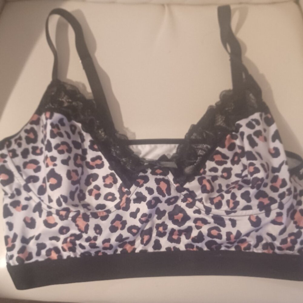 NEW Plus Size Pink Leopard Lacey w/Bow Stretch Bralette Adjustable Straps 1X